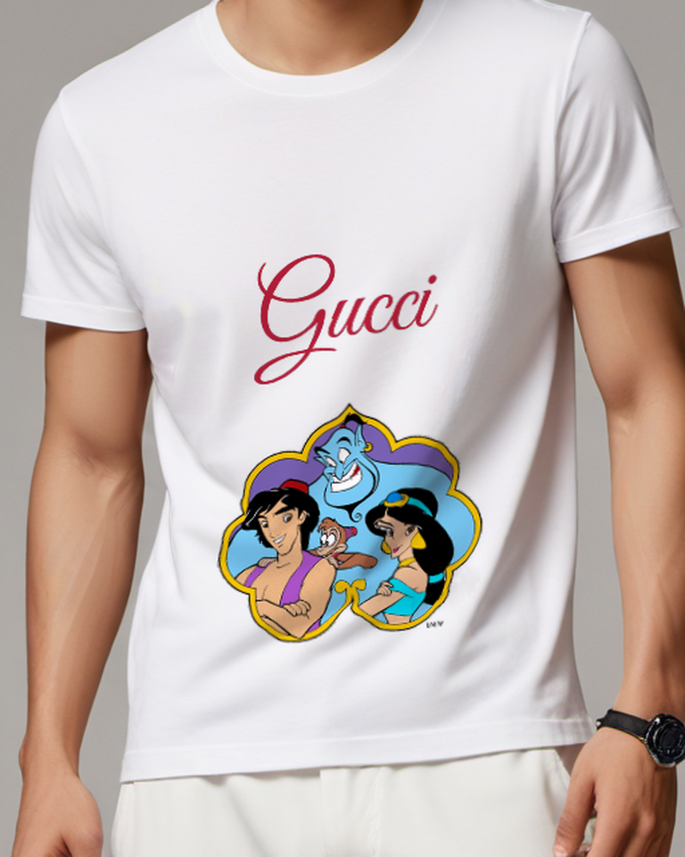 White Aladdin Jasmine Genie And Abu Together Graphic T-Shirt - model wearing view