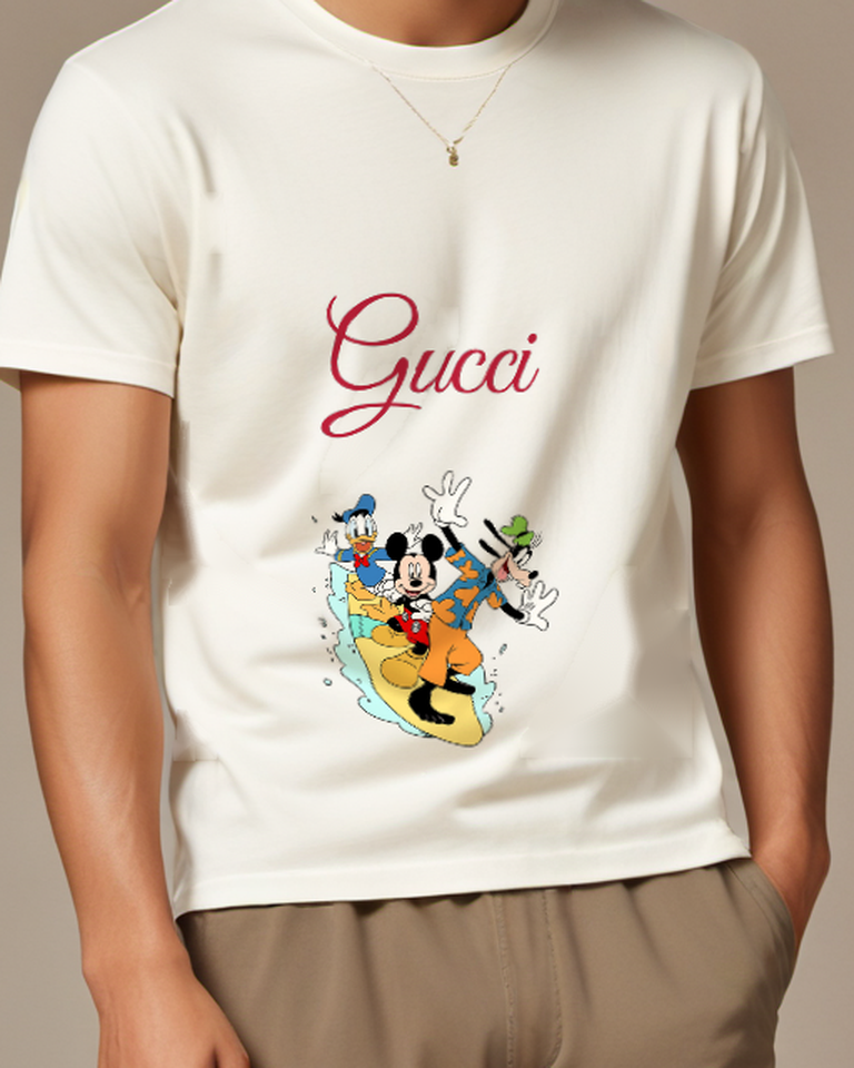 White Mickey Donald Goofy Surfing Together Graphic T-Shirt - model wearing view