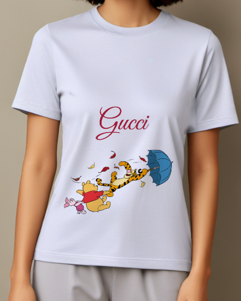 Pale Lavender Pooh Piglet And Tigger In Autumn Chase Graphic T-Shirt - model wearing view