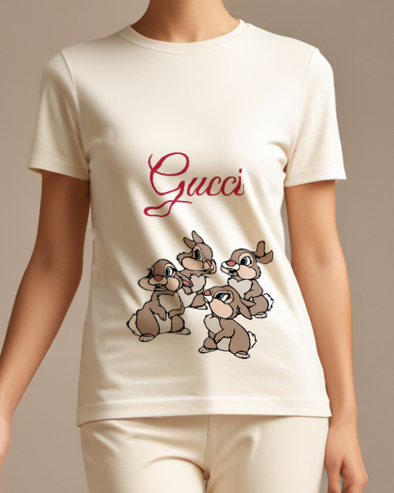 Ivory Bunny Siblings Sitting Together Graphic T-Shirt - model wearing view