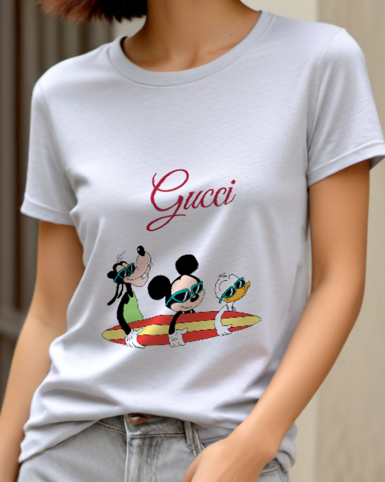 Pale Lavender Mickey And Goofy Holding Surfboard Graphic T-Shirt - model wearing view