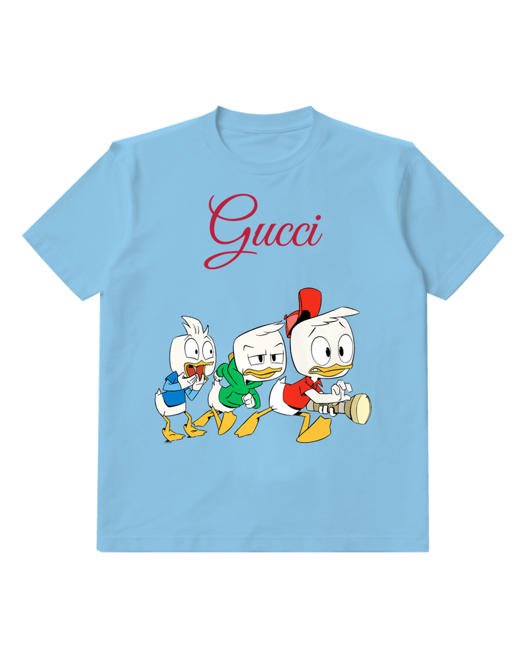 Sky Blue Three Ducklings Running Together Crew Neck Graphic T-Shirt - front product view