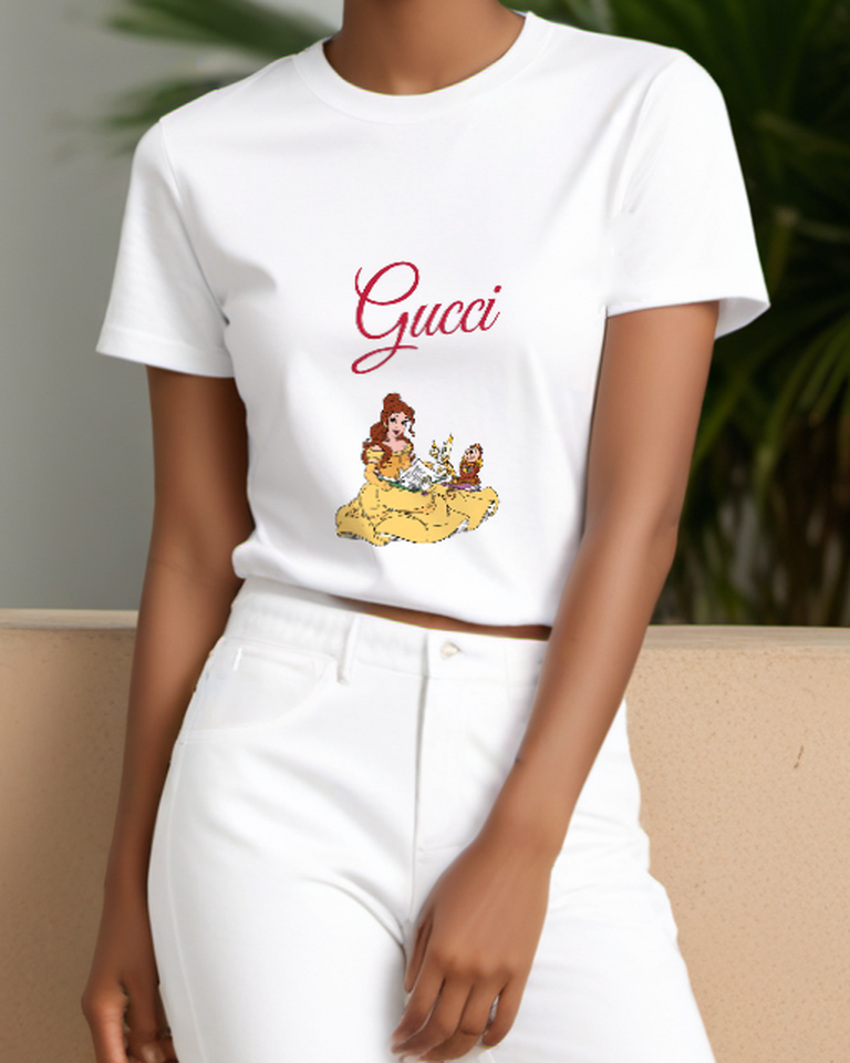 White Belle Reading Book With Candlestick Graphic T-Shirt - model wearing view