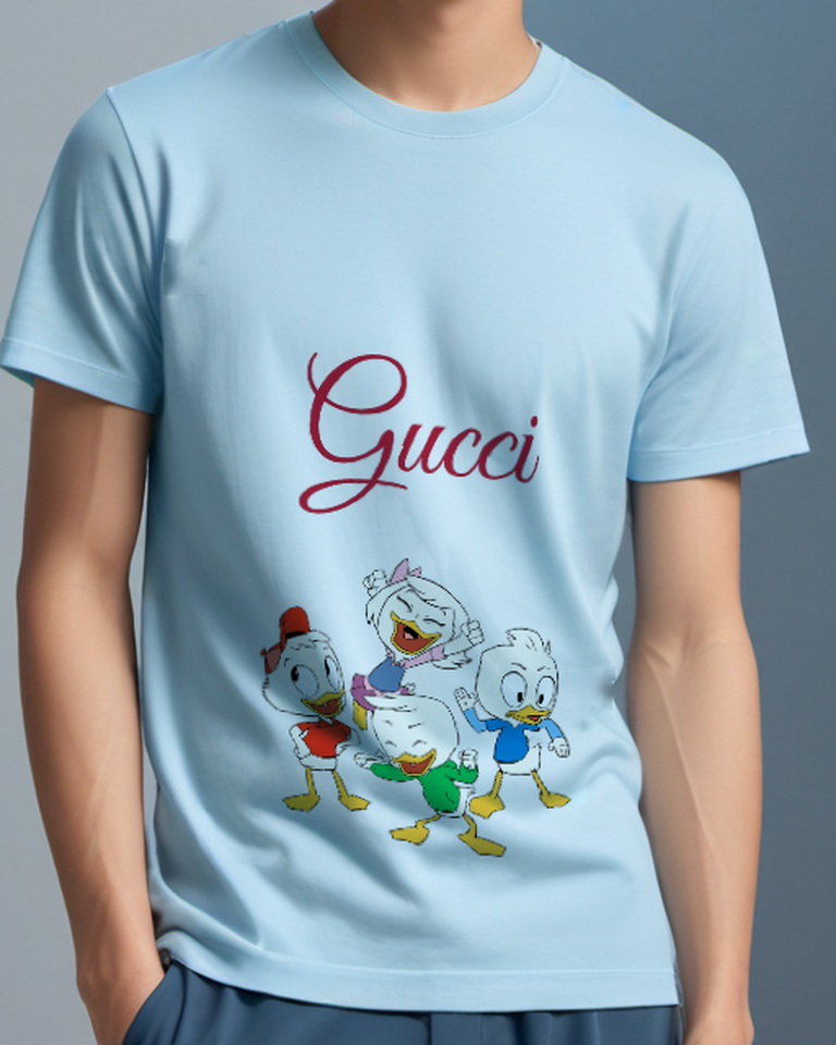 Sky Blue Huey Dewey Louie And Webby Celebrating Together Graphic T-Shirt - model wearing view