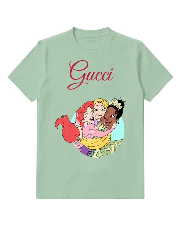 Sage Green Three Princesses Hugging Joyfully Graphic T-Shirt - front product view