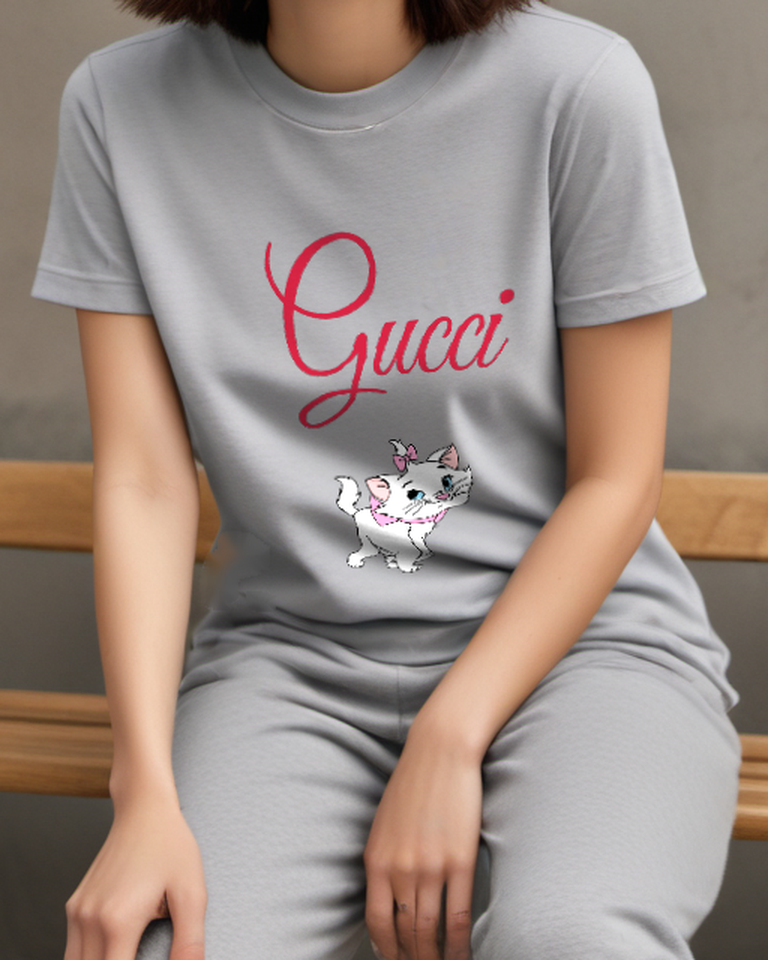 Gray White Kitten Raised Tail Graphic T-Shirt - model wearing view