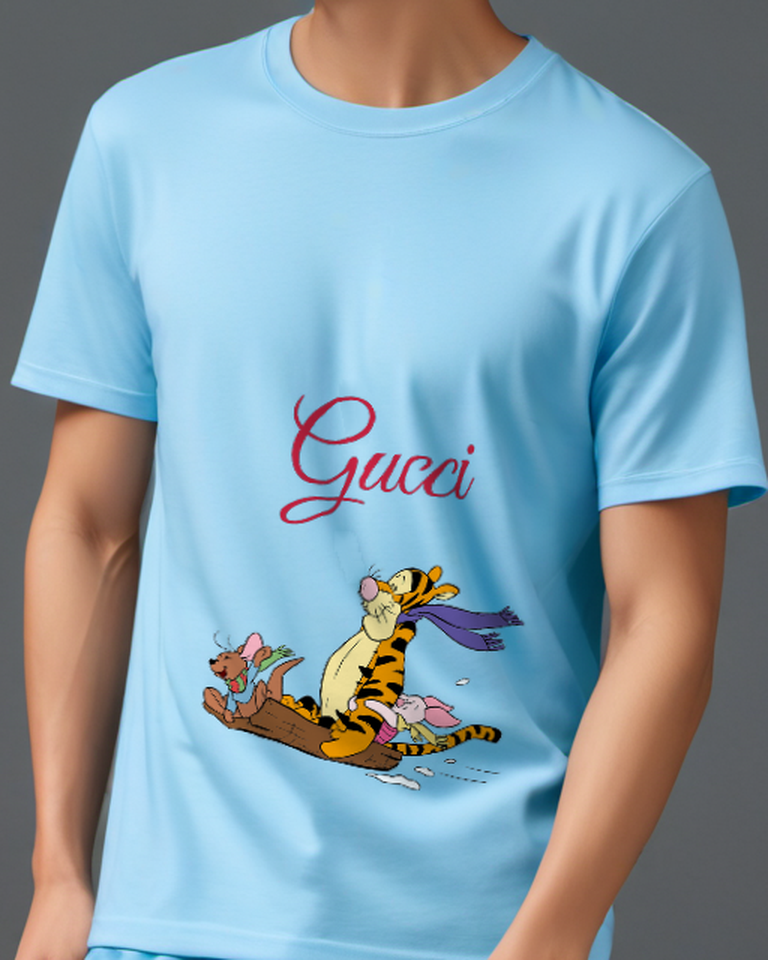 Sky Blue Tigger Piglet Roo On Log Sled Graphic T-Shirt - model wearing view