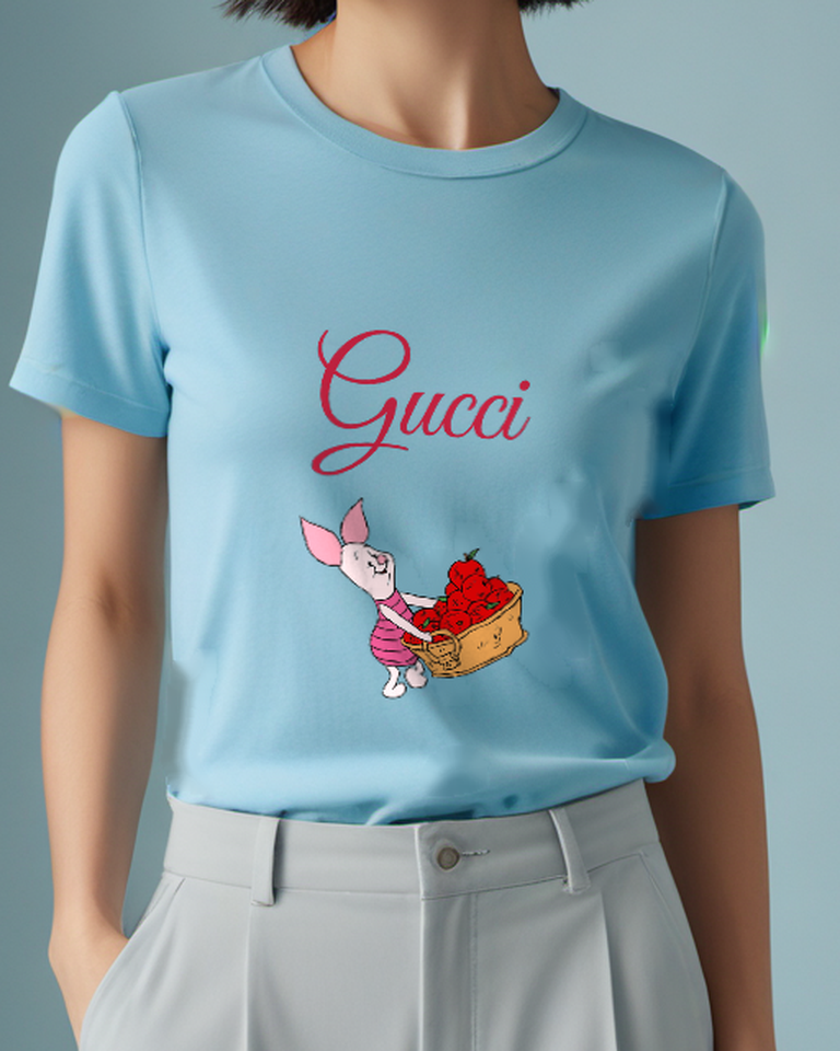 Sky Blue Piglet Basket Red Flowers Graphic T-Shirt - model wearing view