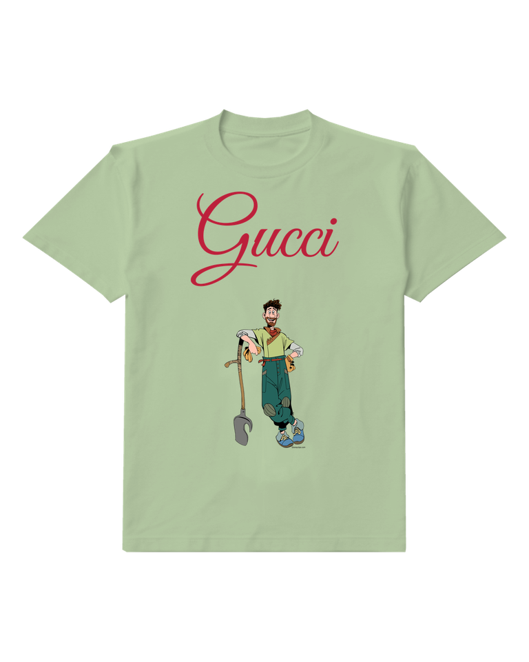 Sage Green Explorer Leaning On Shovel Graphic T-Shirt - front product view