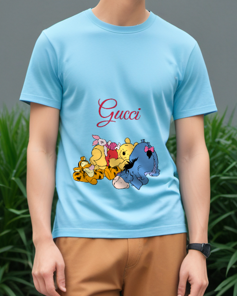 Sky Blue Pooh Piglet Tigger Eeyore Resting Together Graphic T-Shirt - model wearing view