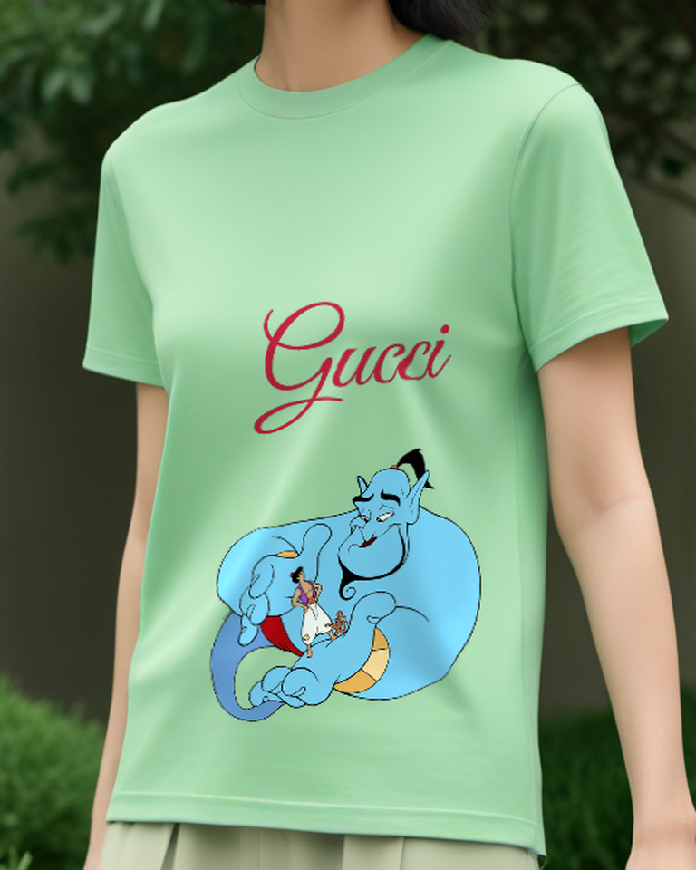 Sage Green Genie With Aladdin And Abu On His Back Graphic T-Shirt - model wearing view