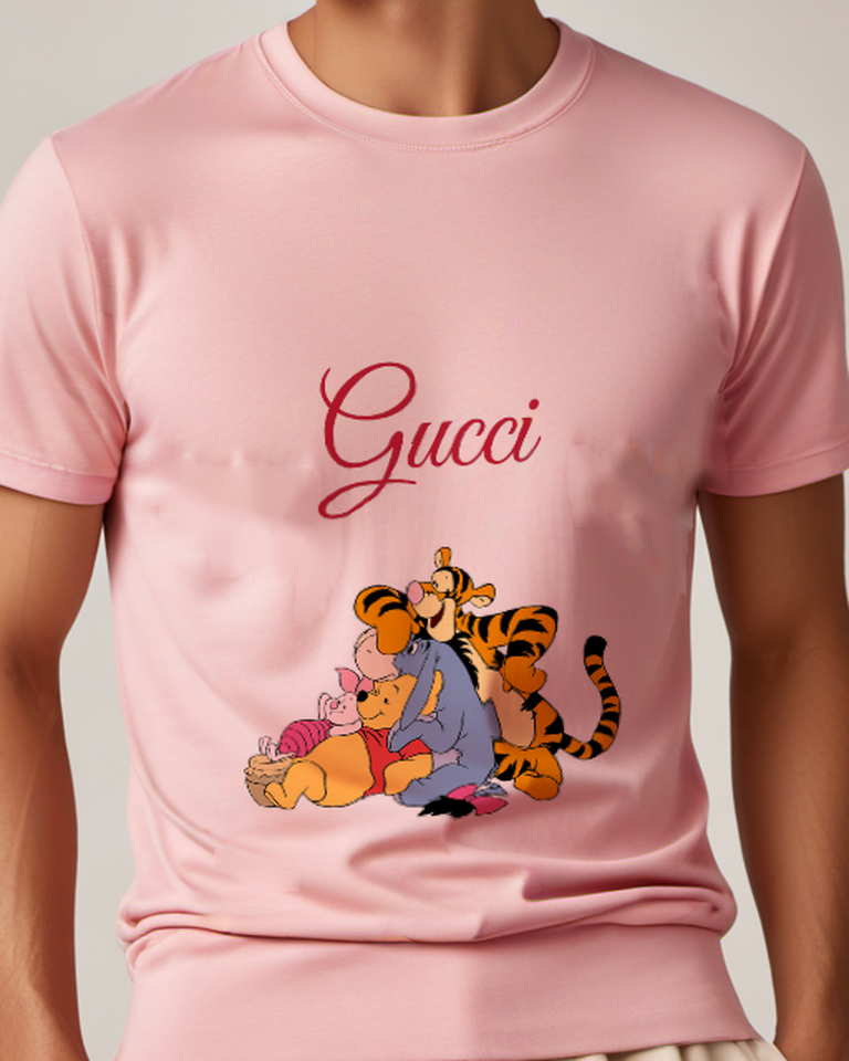 Blush Pink Pooh Piglet Eeyore Tigger Group Hug Graphic T-Shirt - model wearing view