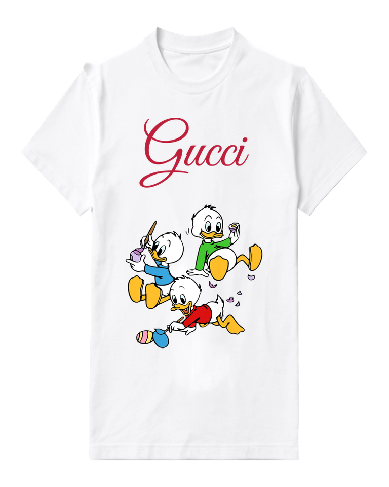 White Three Ducklings Chasing Colorful Egg Graphic T-Shirt - front product view