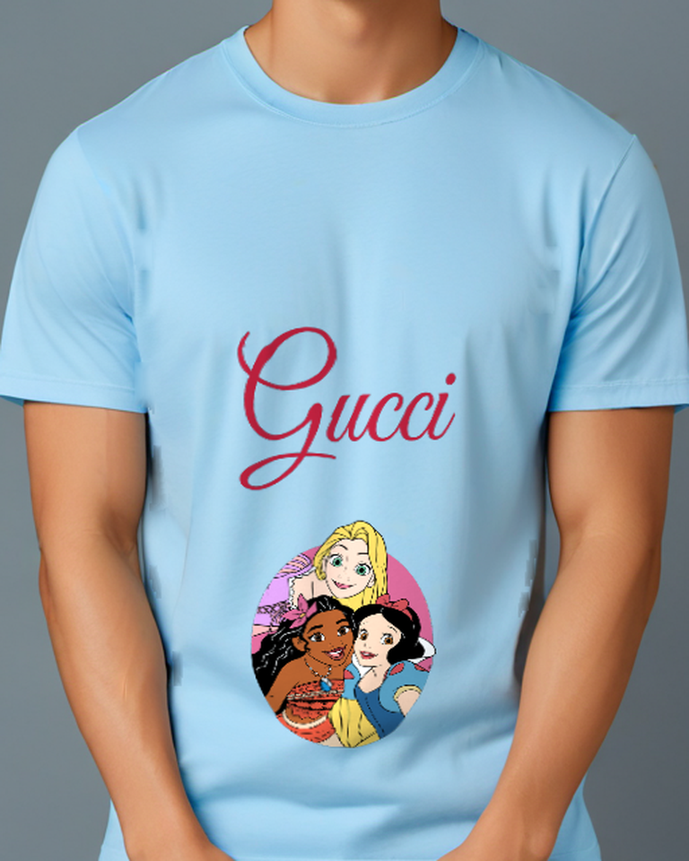 Sky Blue Three Princesses Smiling Together Graphic T-Shirt - model wearing view
