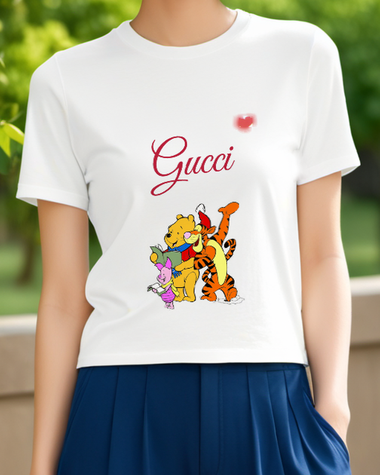 White Pooh Piglet Tigger Reading Together Graphic T-Shirt - model wearing view