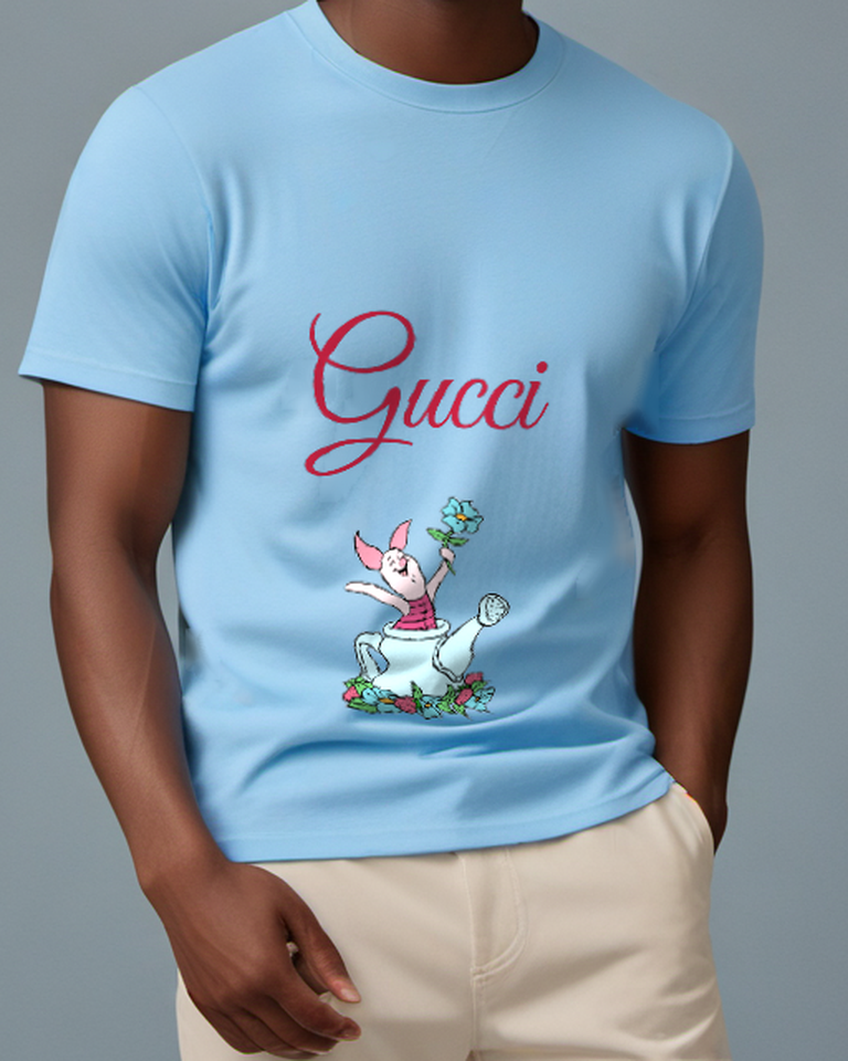 Sky Blue Piglet Watering Can Flowers Graphic T-Shirt - model wearing view