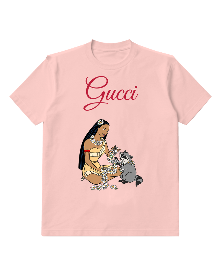 Blush Pink Pocahontas Sits With Raccoon Flowers Graphic T-Shirt - front product view