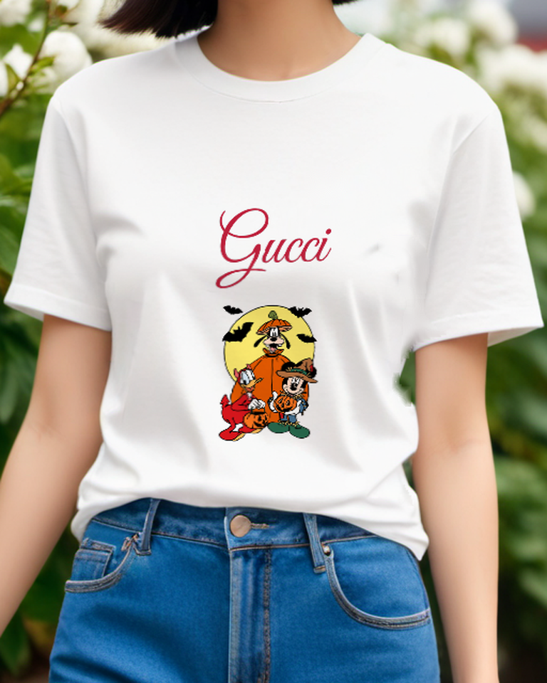 White Mickey Donald Goofy In Halloween Poses Graphic T-Shirt - model wearing view