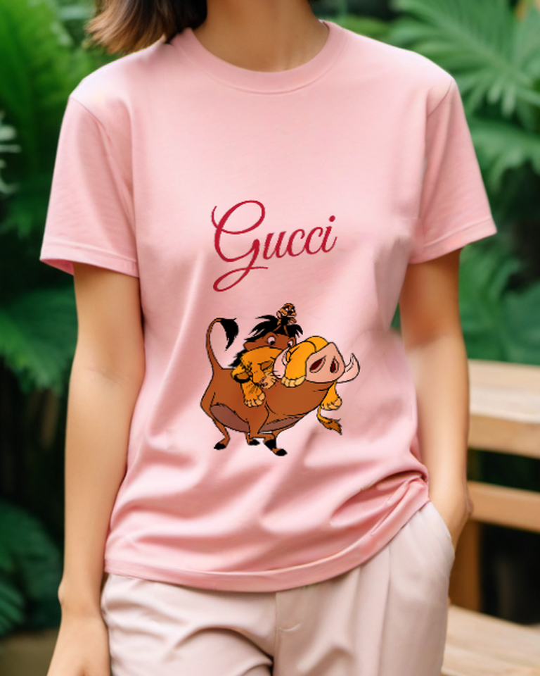Blush Pink Simba Timon And Pumbaa In Playful Embrace Graphic T-Shirt - model wearing view