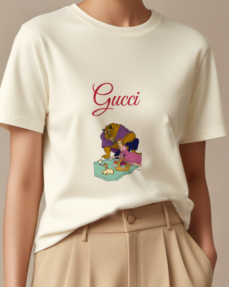 Ivory Beast And Belle Picnic With Teacups Graphic T-Shirt - model wearing view