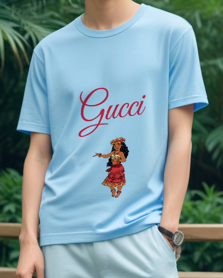 Sky Blue Island Dancer Red Patterned Skirt Graphic T-Shirt - model wearing view