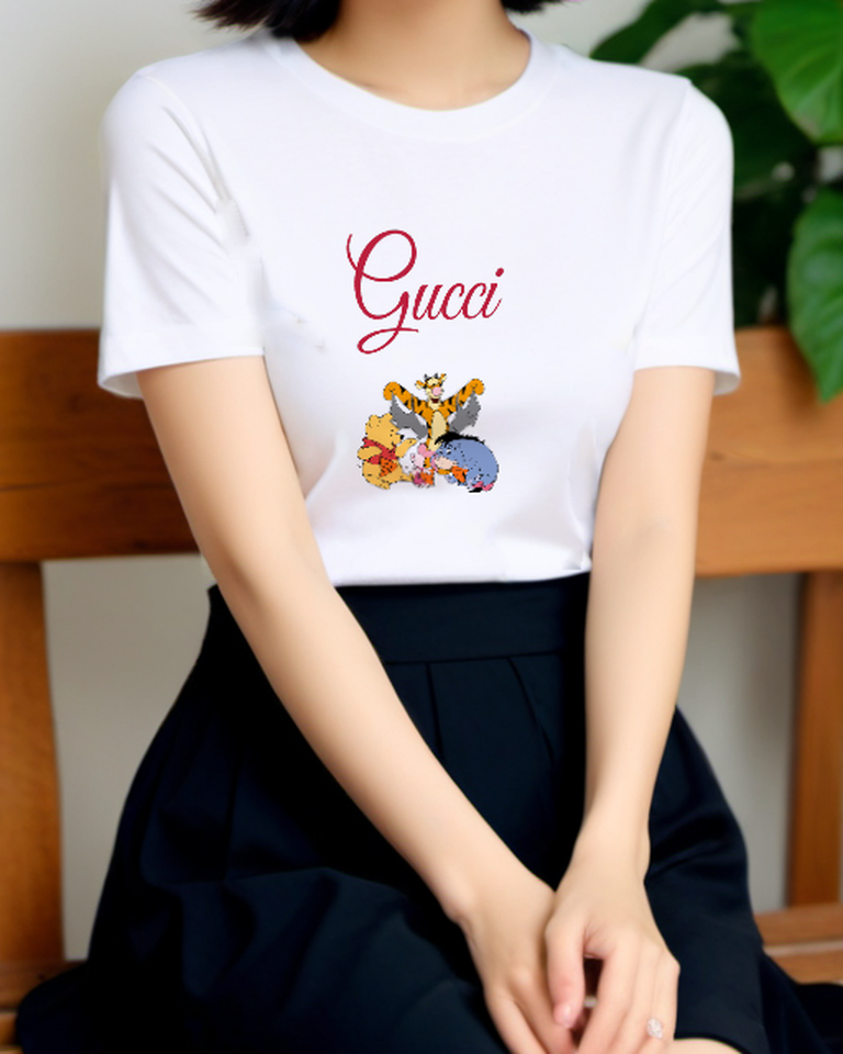 White Pooh Piglet Tigger Eeyore In Joyful Group Graphic T-Shirt - model wearing view