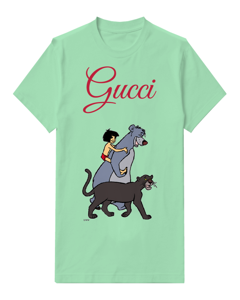 Sage Green Mowgli On Baloo With Bagheera Nearby Graphic T-Shirt - front product view
