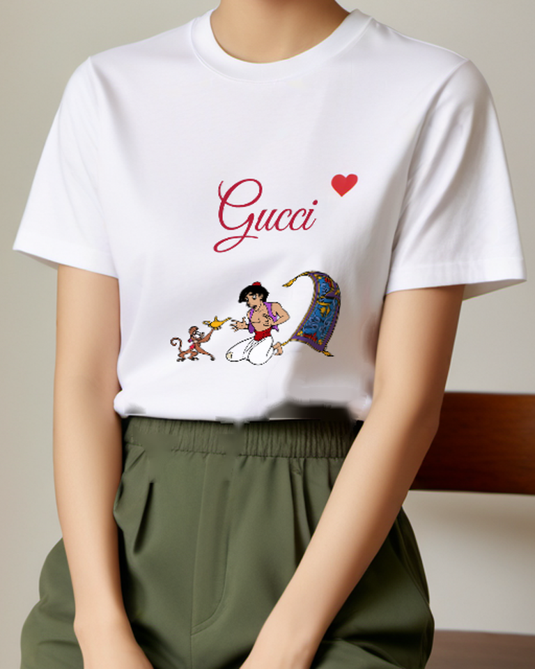 White Aladdin Kneeling Receiving Lamp From Monkey Graphic T-Shirt - model wearing view