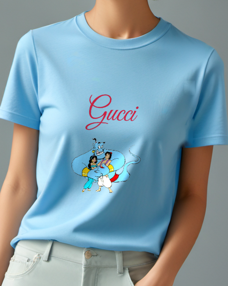 Sky Blue Genie Hugs Aladdin And Jasmine Graphic T-Shirt - model wearing view