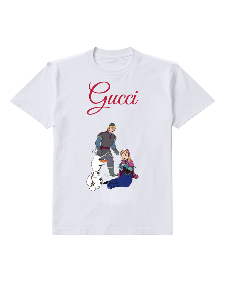 White Anna Kneeling Beside Olaf With Kristoff Behind Graphic T-Shirt - front product view