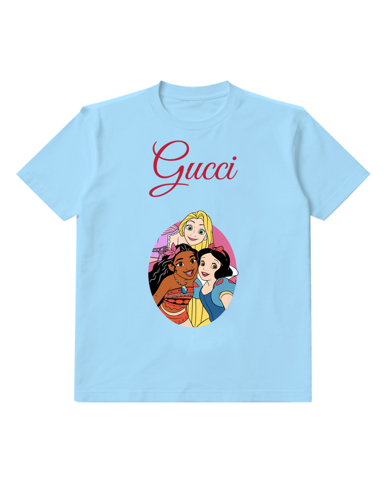 Sky Blue Three Princesses Smiling Together Graphic T-Shirt - front product view