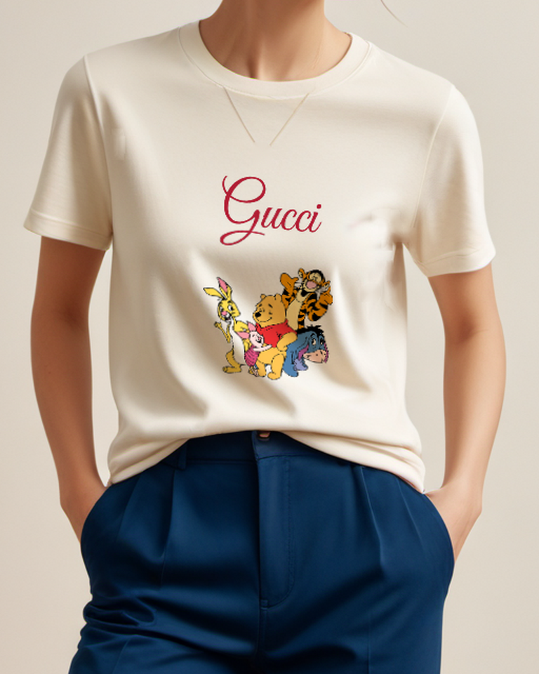 Ivory Winnie The Pooh Holding Piglet Graphic T-Shirt - model wearing view