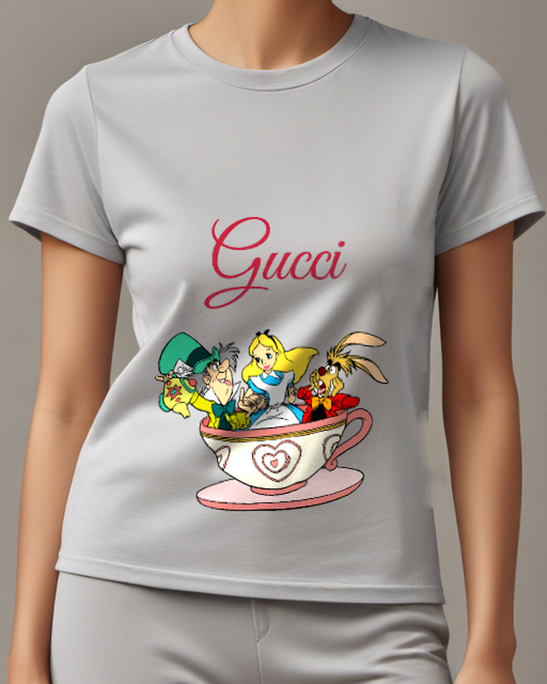 Light Gray Mad Hatter March Hare Alice In Teacup Graphic T-Shirt - model wearing view