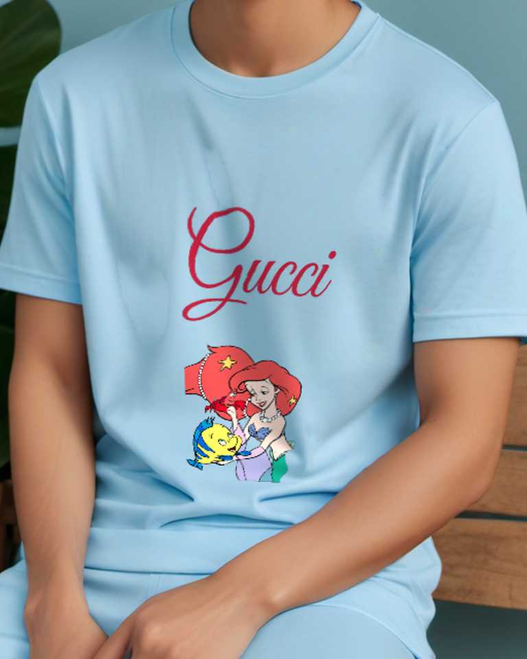 Sky Blue Ariel Holds Flounder And Sebastian Graphic T-Shirt - model wearing view