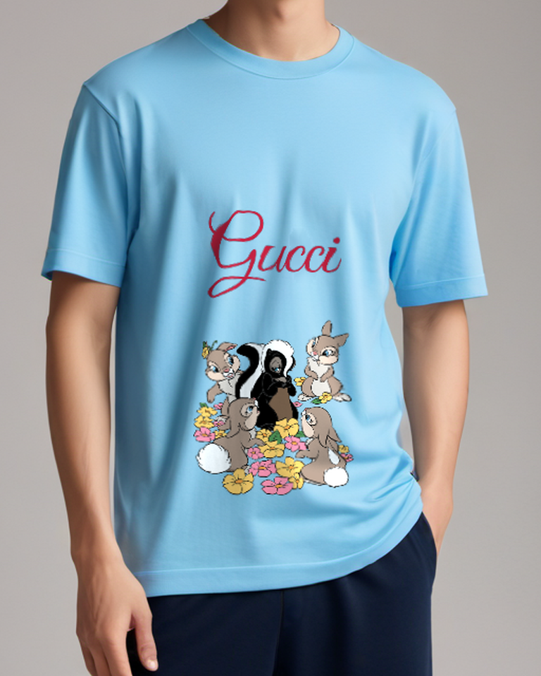 Sky Blue Thumper Playful Bunny Surrounded By Flowers Graphic T-Shirt - model wearing view
