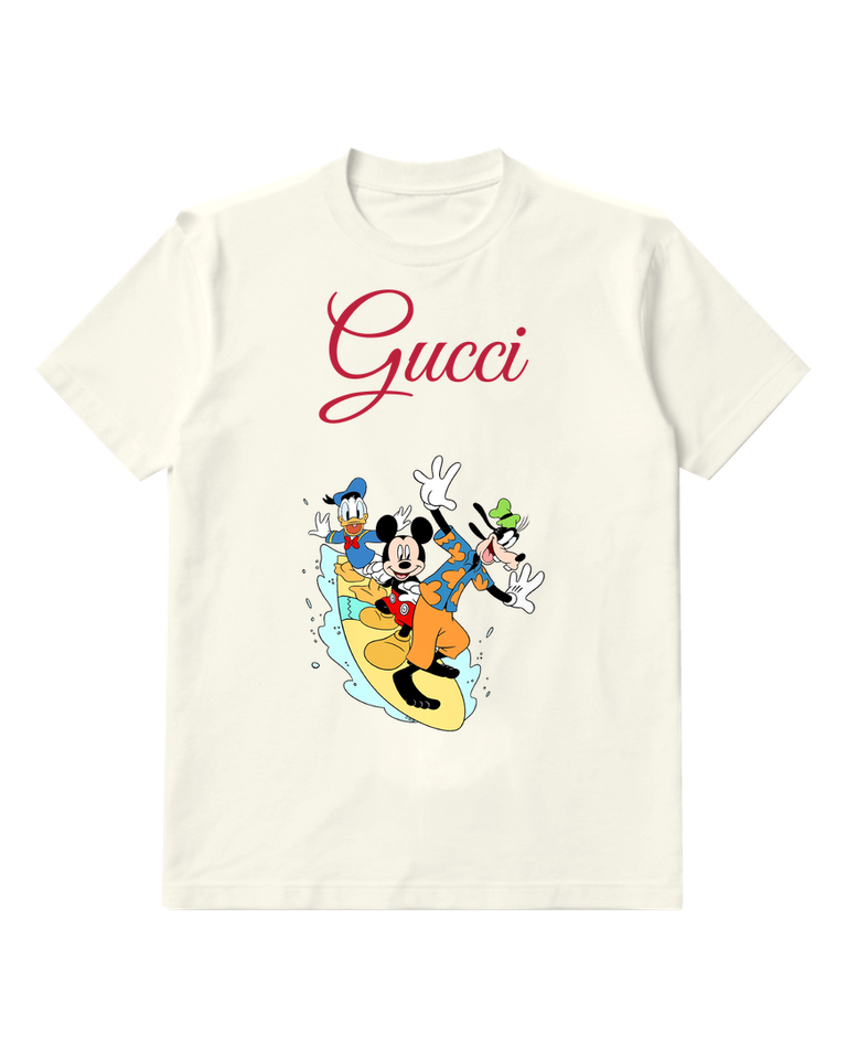 White Mickey Donald Goofy Surfing Together Graphic T-Shirt - front product view