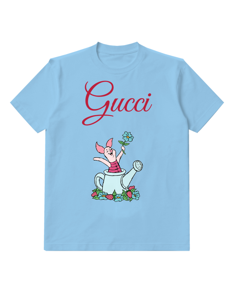Sky Blue Piglet Watering Can Flowers Graphic T-Shirt - front product view