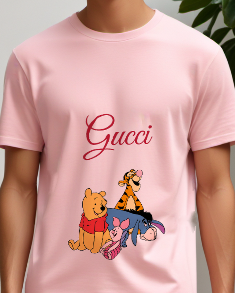 Blush Pink Pooh Piglet Tigger And Eeyore In A Close Group Graphic T-Shirt - model wearing view