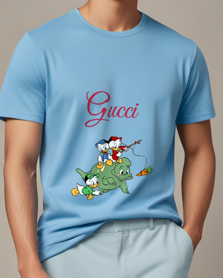 Sky Blue Three Ducks Ride Green Dinosaur Graphic T-Shirt - model wearing view