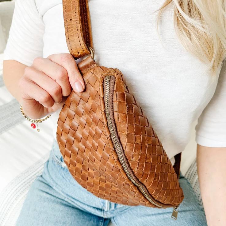Warm Brown Hand Woven Leather Zipper Adjustable Crossbody Waist Daily Bag