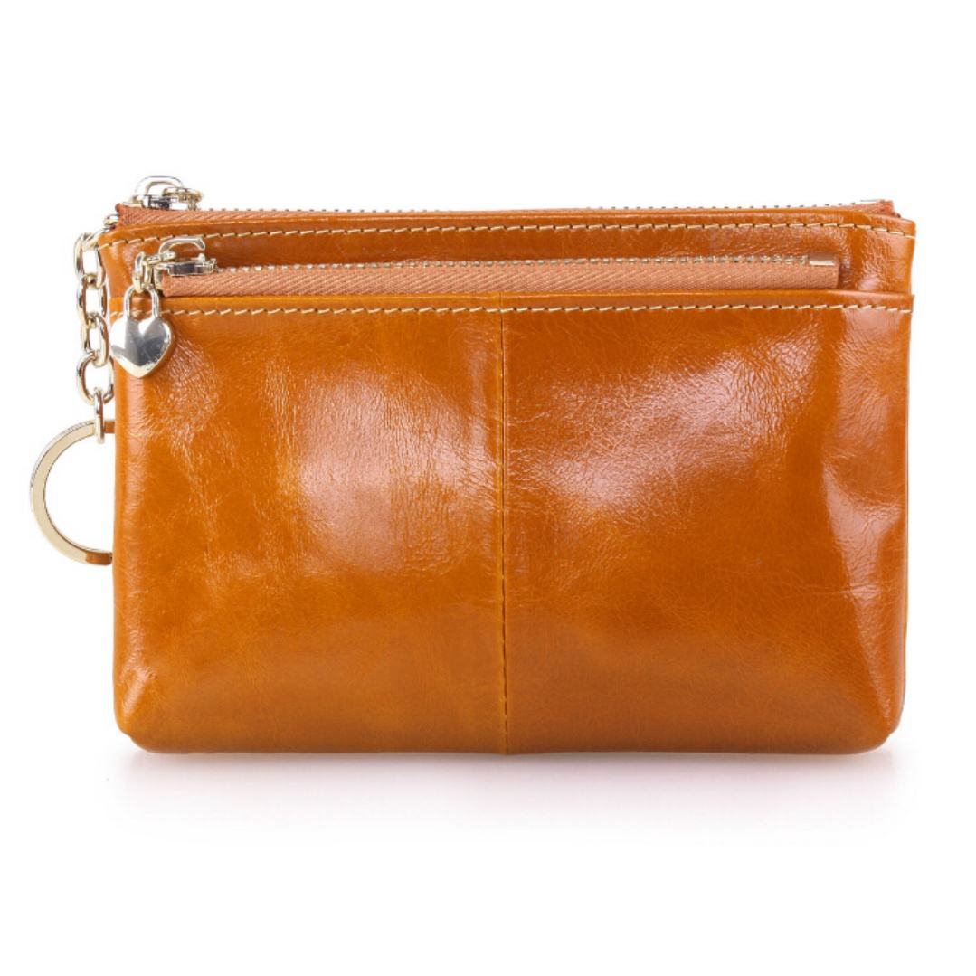 Vintage Tan Leather Zipper Keyring Mini Storage Daily Bag