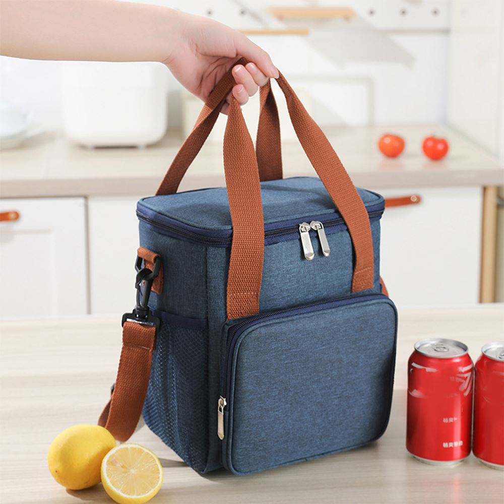 Dark Blue Brown Strap Portable Insulated Food Daily Bag
