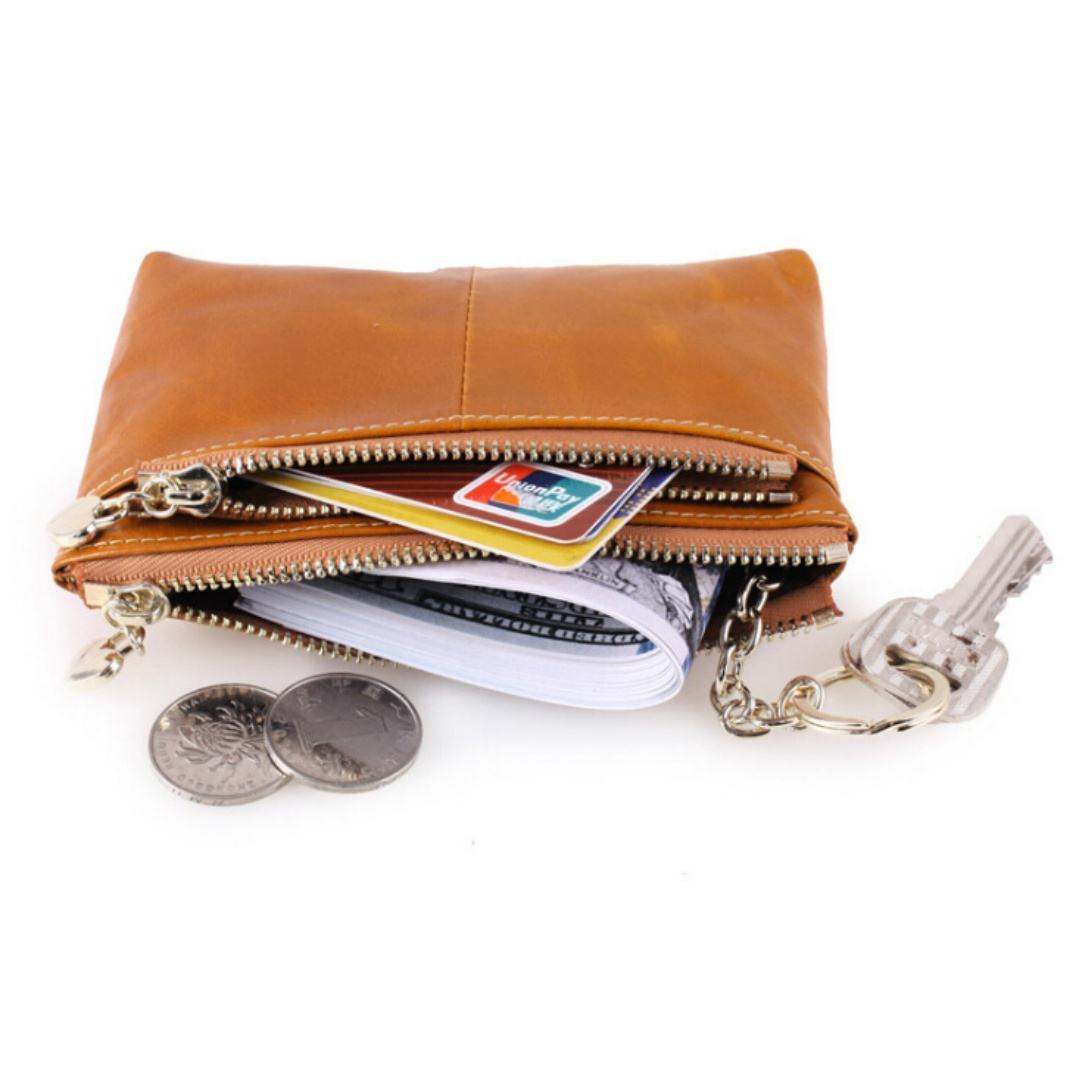 Vintage Tan Leather Zipper Keyring Mini Storage Daily Bag