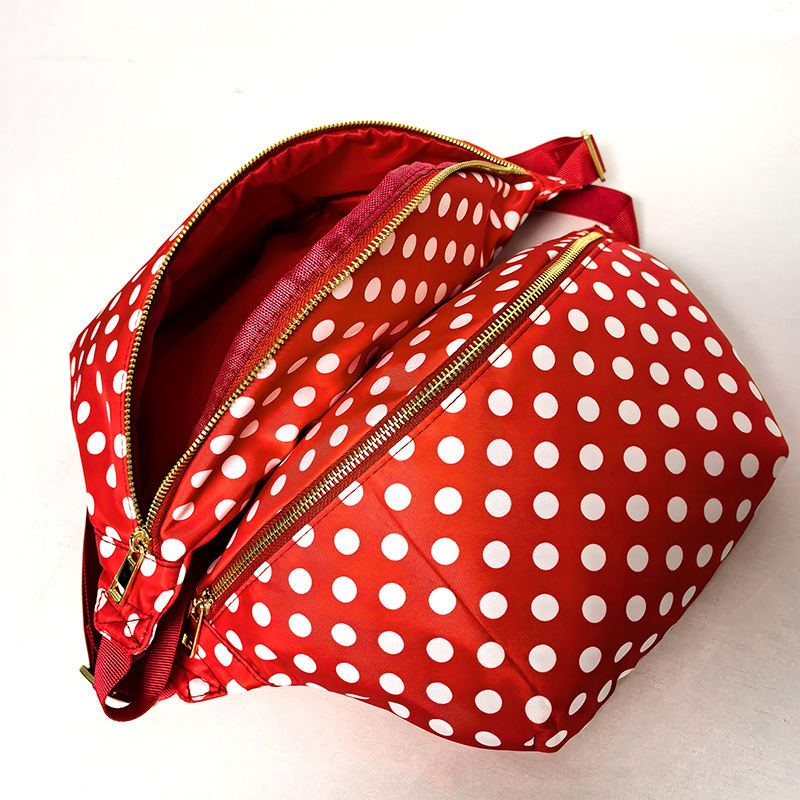 Red White Polka Dot Adjustable Strap Zipper Crossbody Waist Daily Bag