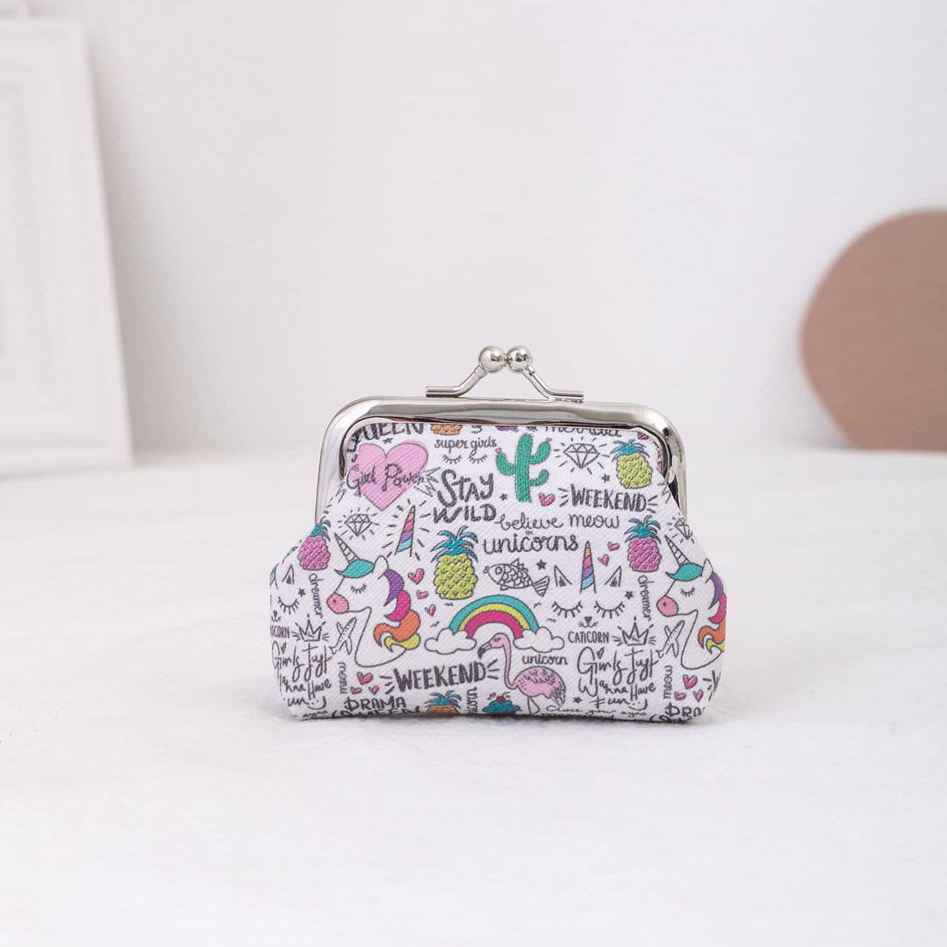 White Cartoon Unicorn Print Metal Kiss Lock Mini Daily Storage Bag