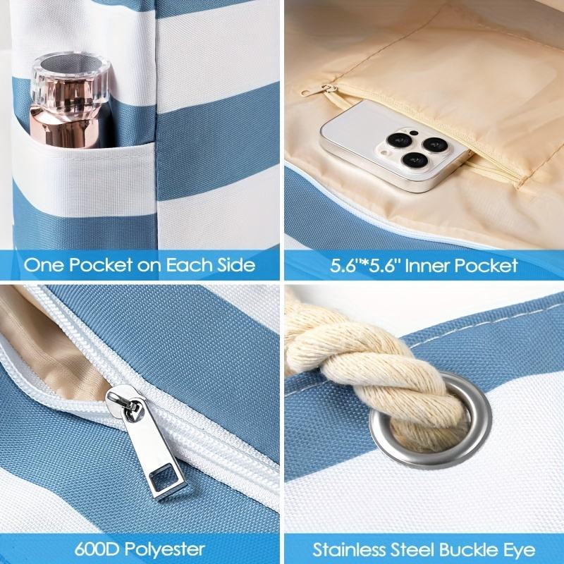 Blue White Horizontal Stripe Rope Handle Zipper Large Capacity Summer Shoulder Daily Bag