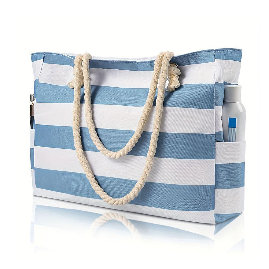 Blue White Horizontal Stripe Rope Handle Zipper Large Capacity Summer Shoulder Daily Bag