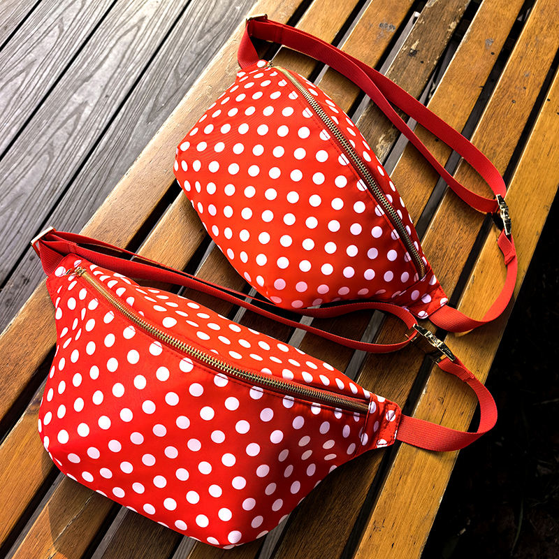 Red White Polka Dot Adjustable Strap Zipper Crossbody Waist Daily Bag