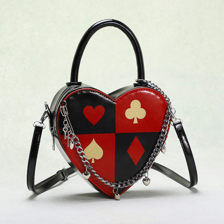 Red Black Poker Pattern Heart Shape Chain Decor Handheld Crossbody Daily Bag
