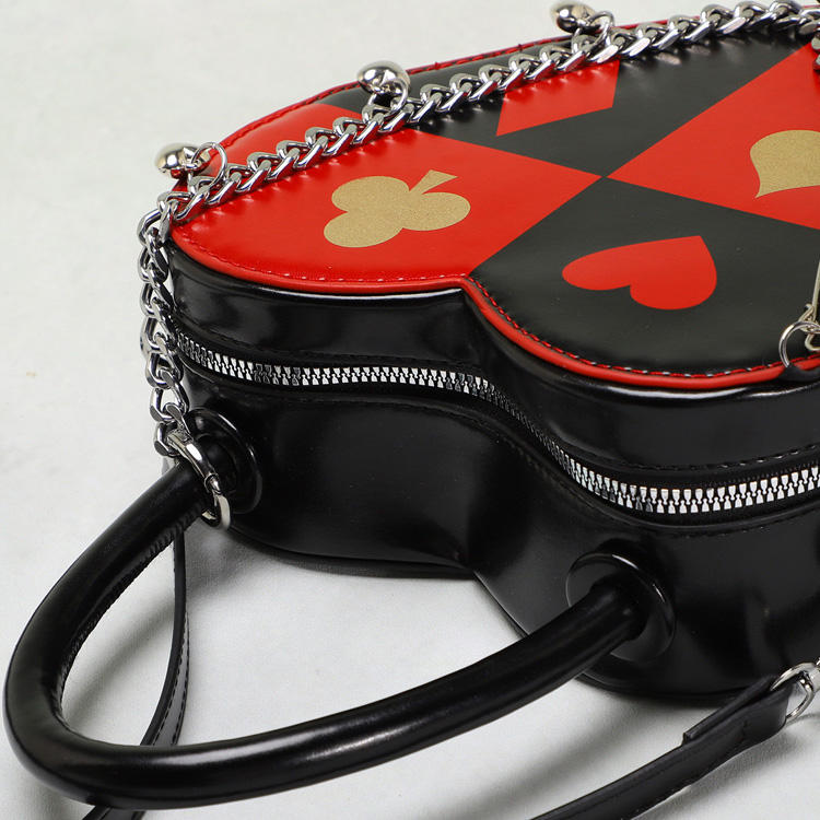 Red Black Poker Pattern Heart Shape Chain Decor Handheld Crossbody Daily Bag